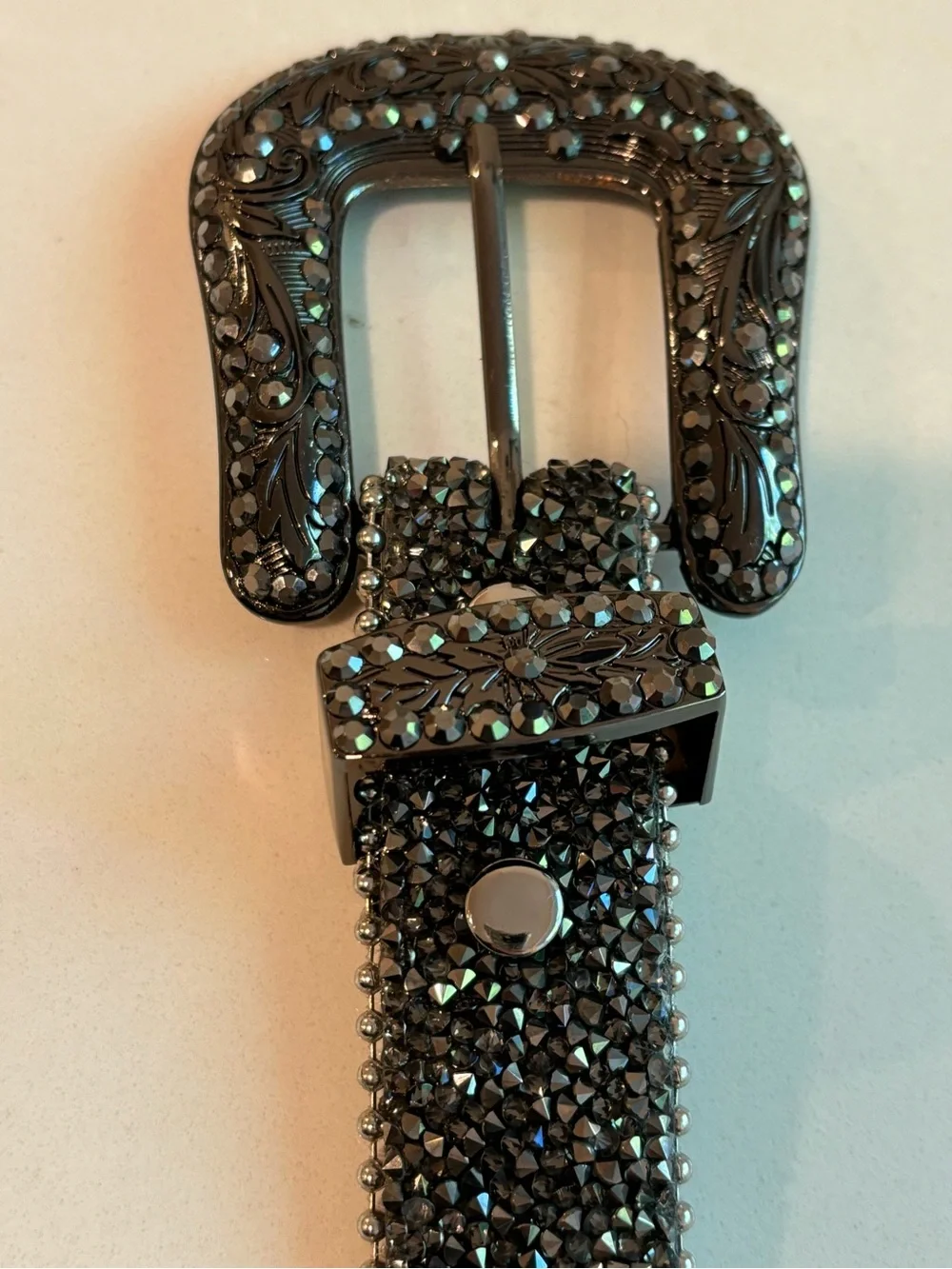 Y2K Genuine Leather Suede and Silver Mixed Metal Bling Belt Womens Small Heavy